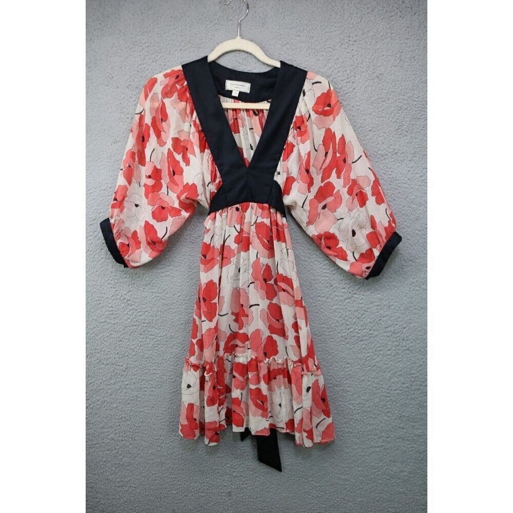 Moulinette Soeurs-Anthropologie Sheer Poppy Dress-Size 0-Satin Trim-100% Silk
